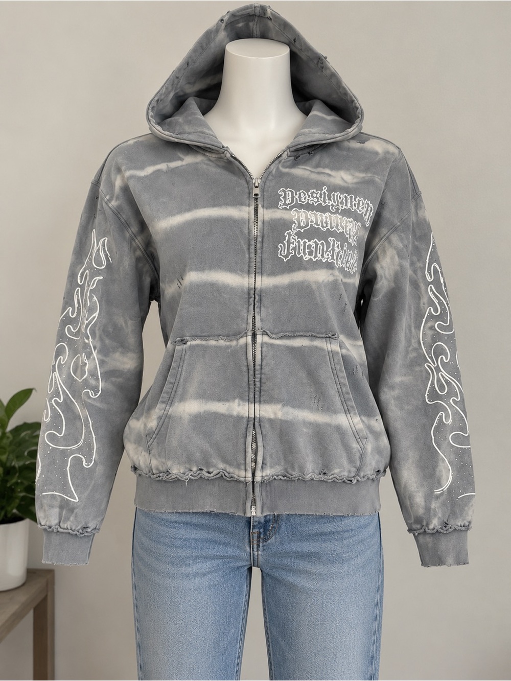 Gray Tie-Dye Zip Front Hoodie Bomber Jacket